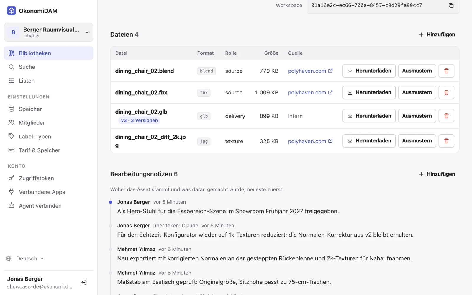 Asset-Seite mit Vorschaubild, Labels, Dateien mit Versionen und Bearbeitungsnotizen