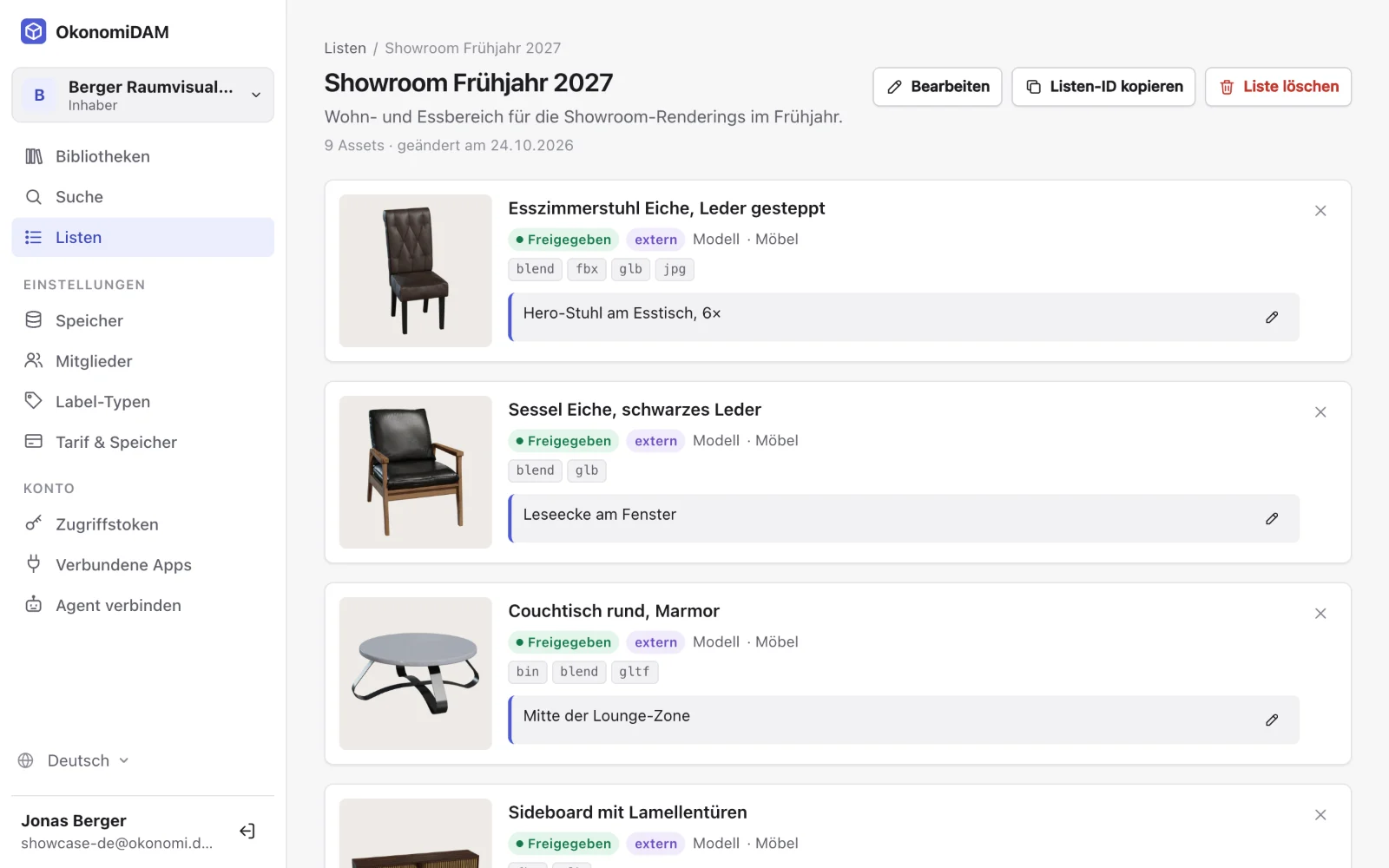 Eine Projektliste mit Assets aus mehreren Bibliotheken