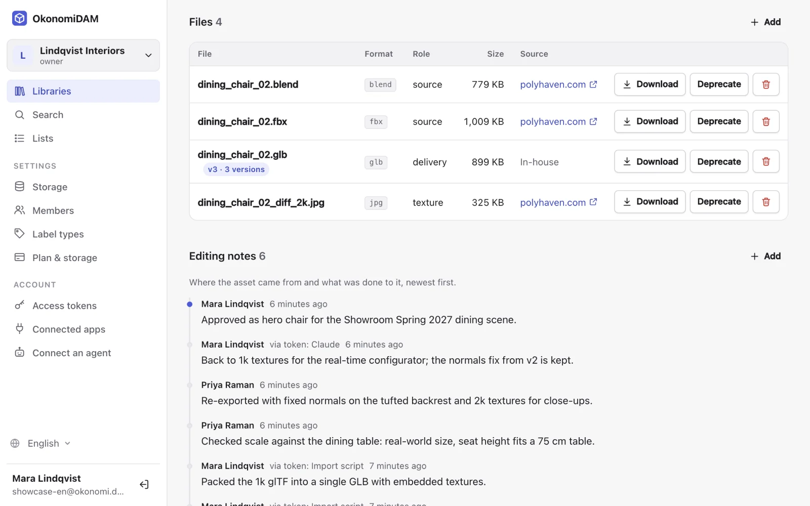 Asset page with thumbnail, labels, files with versions and editing notes