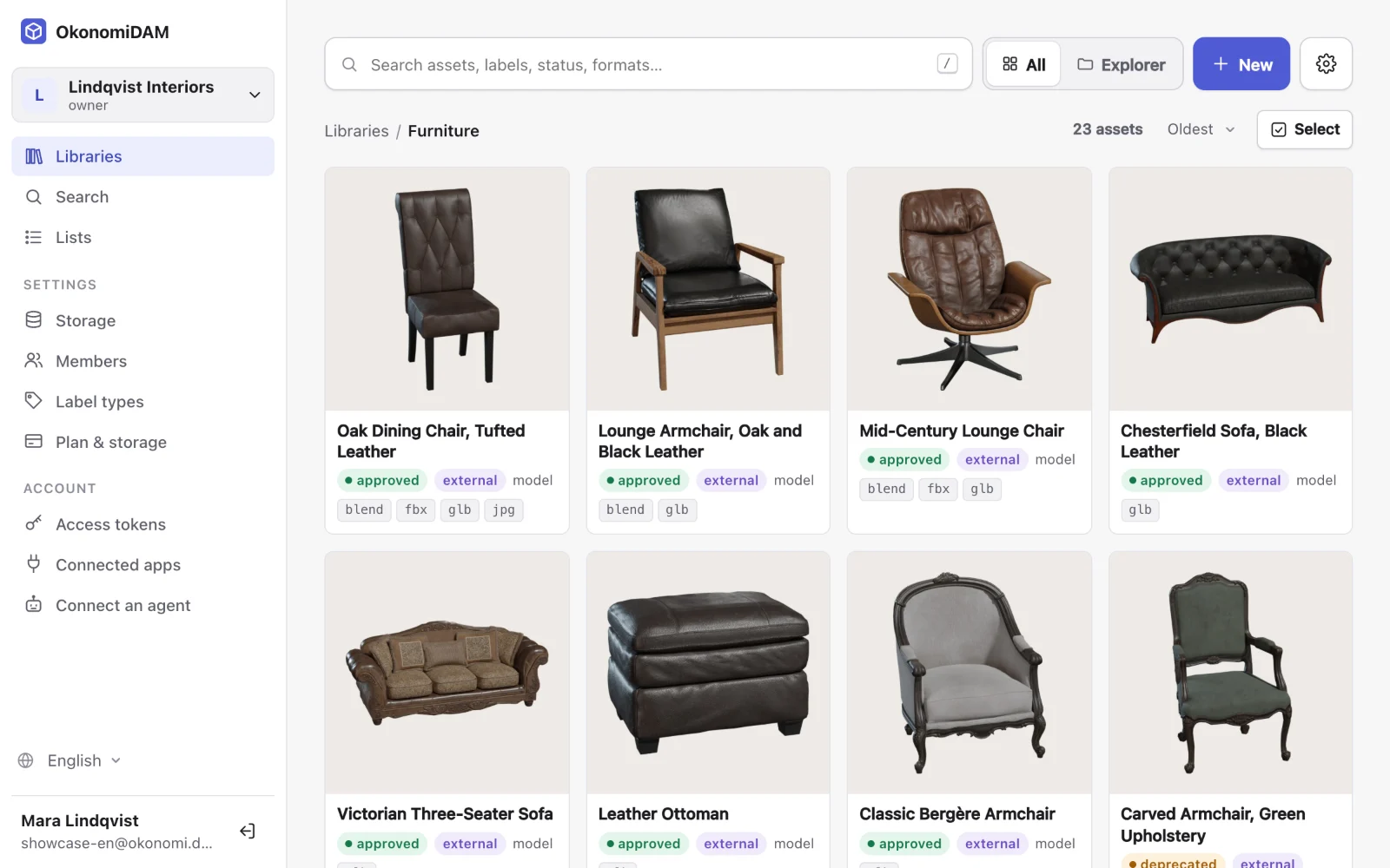 An OkonomiDAM library with furniture models as thumbnails, folders and a search bar