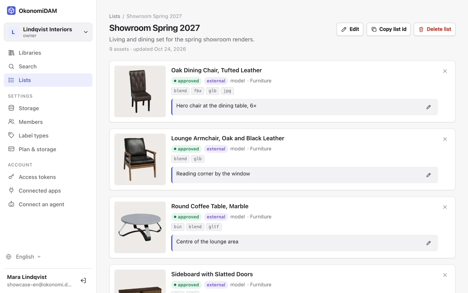 A project list collecting assets from several libraries
