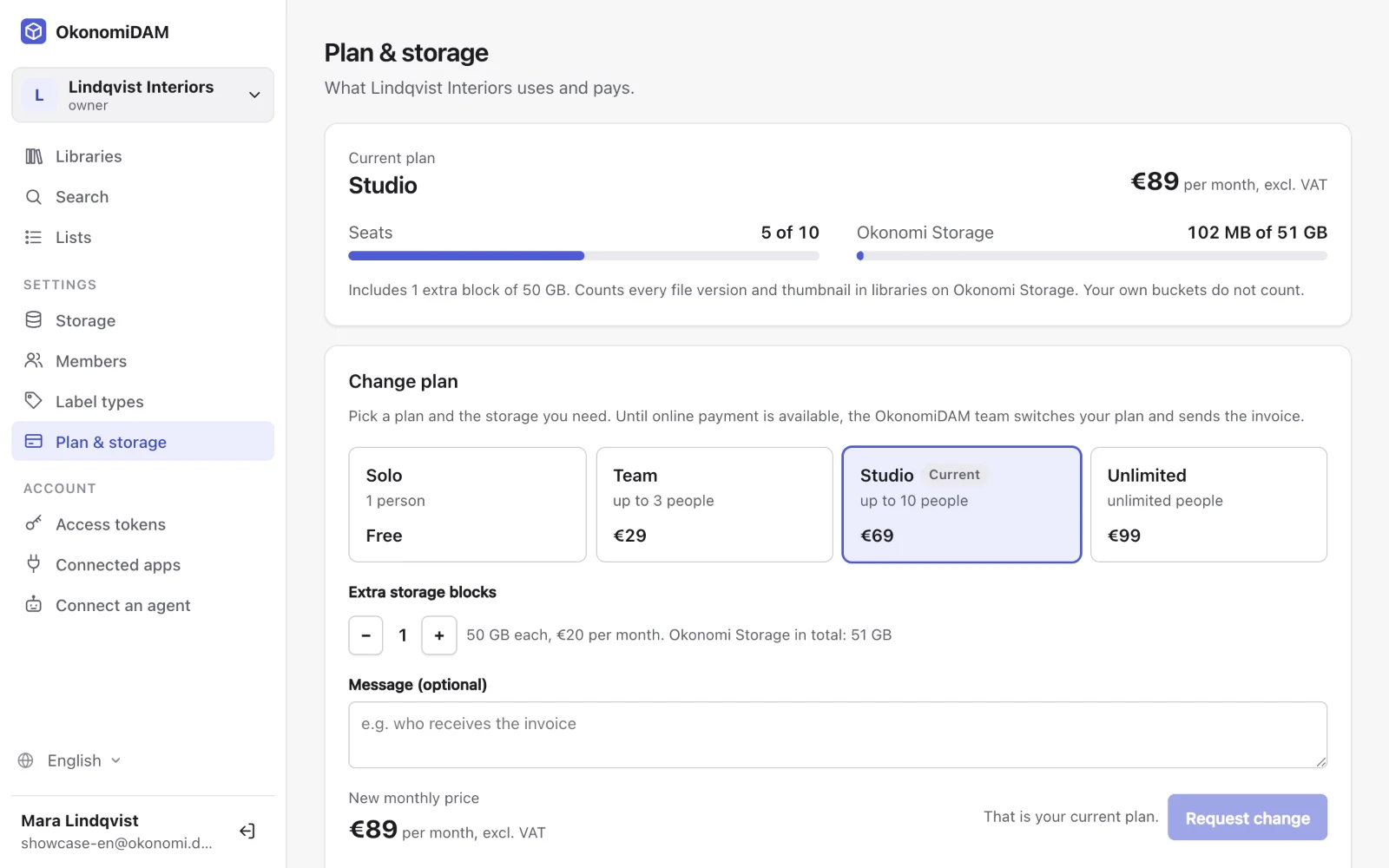 Plan and storage page with seats and Okonomi Storage usage